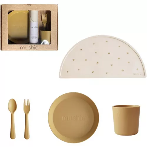 MUSHIE GESCHENKDOOS KINDERSERVIES ROND  MUSTARD